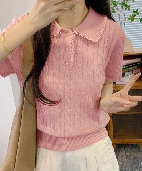 kirakiraShop(キラキラショップ)の「襟レース 半袖 ケーブル ポロニット(ニット/セーター・レディース・杢グレー/ブルー/アイボリー/ピンク/レッド/ネイビー・FREE)」の22枚目の写真