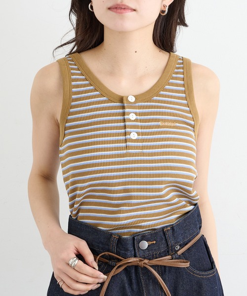 Healthknit(ヘルスニット)の「【Healthknit】26SS Multi Border Waffle Henley Tanktop 681(タンクトップ・レディース・アイボリー系1/ライム/ブラウン系1・FREE)」の2枚目の写真