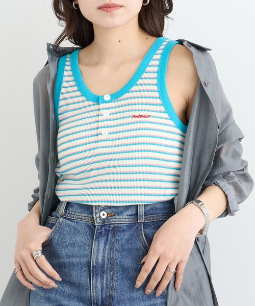 Healthknit(ヘルスニット)の「【Healthknit】26SS Multi Border Waffle Henley Tanktop 681(タンクトップ・レディース・アイボリー系1/ライム/ブラウン系1・FREE)」の1枚目の写真