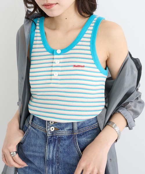 Healthknit(ヘルスニット)の「【Healthknit】26SS Multi Border Waffle Henley Tanktop 681(タンクトップ・レディース・アイボリー系1/ライム/ブラウン系1・FREE)」の18枚目の写真