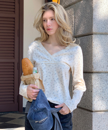 VネックレースラップTシャツ(クリーム)