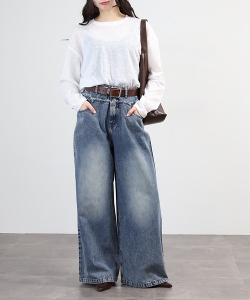 hunch（ハンチ）の「hunch デニム/ツイルワイドパンツ（デニムパンツ・レディース・ライトインディゴブルー/ブルー/カーキ・FREE）」の19枚目の写真