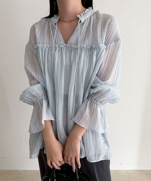 fredy emue（フレディエミュ）の「LINEN混シアー楊柳ブラウス（シャツ/ブラウス・レディース・ブラック/サックスブルー/アイボリー・38）」の3枚目の写真