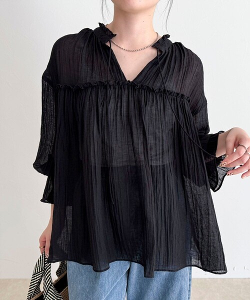 fredy emue（フレディエミュ）の「LINEN混シアー楊柳ブラウス（シャツ/ブラウス・レディース・ブラック/サックスブルー/アイボリー・38）」の2枚目の写真