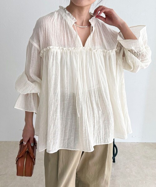 fredy emue（フレディエミュ）の「LINEN混シアー楊柳ブラウス（シャツ/ブラウス・レディース・ブラック/サックスブルー/アイボリー・38）」の13枚目の写真