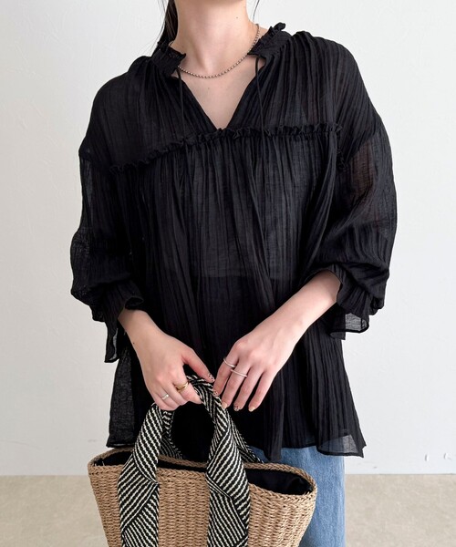 fredy emue（フレディエミュ）の「LINEN混シアー楊柳ブラウス（シャツ/ブラウス・レディース・ブラック/サックスブルー/アイボリー・38）」の5枚目の写真