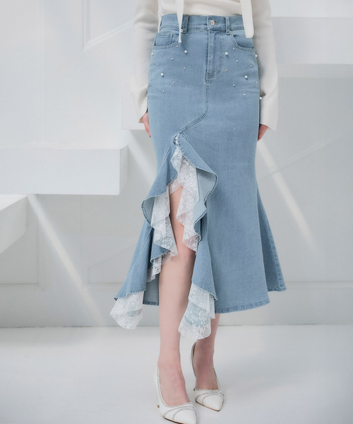 ROYAL PARTY（ロイヤルパーティー）の「liberty デニムラッフルスリットスカート（デニムスカート・レディース・インディゴブルー/ブルー・FREE）」の3枚目の写真