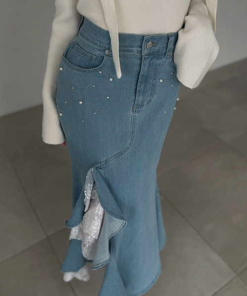ROYAL PARTY（ロイヤルパーティー）の「liberty デニムラッフルスリットスカート（デニムスカート・レディース・インディゴブルー/ブルー・FREE）」の9枚目の写真