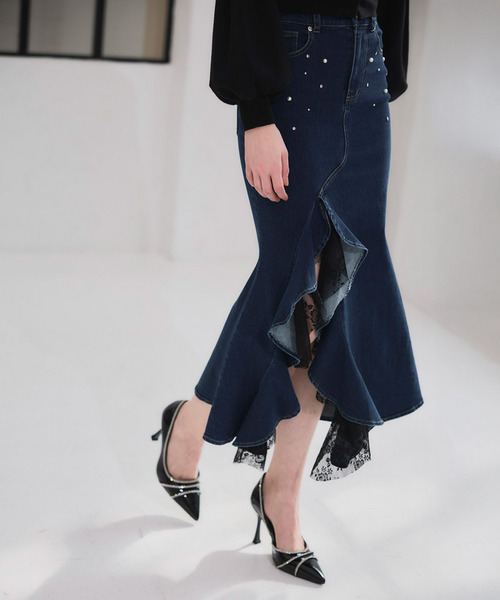 ROYAL PARTY（ロイヤルパーティー）の「liberty デニムラッフルスリットスカート（デニムスカート・レディース・インディゴブルー/ブルー・FREE）」の7枚目の写真