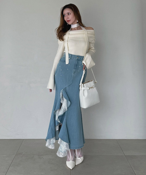 ROYAL PARTY（ロイヤルパーティー）の「liberty デニムラッフルスリットスカート（デニムスカート・レディース・インディゴブルー/ブルー・FREE）」の2枚目の写真