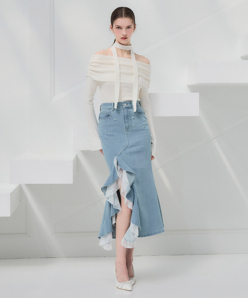 ROYAL PARTY（ロイヤルパーティー）の「liberty デニムラッフルスリットスカート（デニムスカート・レディース・インディゴブルー/ブルー・FREE）」の5枚目の写真