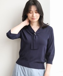 ボウタイデザイン六分袖ニット/接触冷感/洗える/WEB限定サイズあり