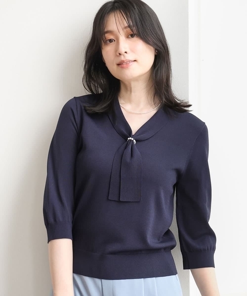 OFUON le MK(オフオンルエムケー)の「ボウタイデザイン六分袖ニット/接触冷感/洗える/WEB限定サイズあり(ニット/セーター・レディース・ブルー/ホワイト/ネイビー・36/38)」の7枚目の写真