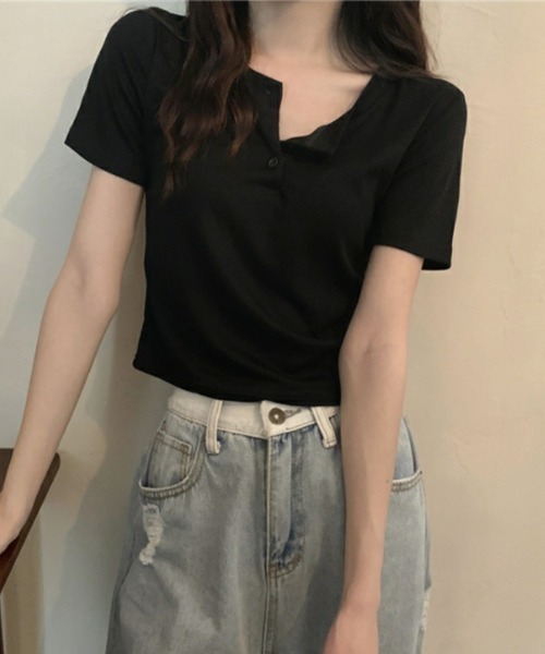 SallyLunn(サリーラン)の「ヘンリーネックコンパクトTシャツ(Tシャツ/カットソー・レディース・ホワイト/ブラック/グレー・MEDIUM/LARGE)」の4枚目の写真