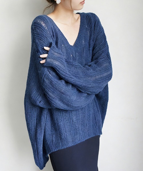 ReRe(リリ)の「透かし編みゆるニットトップス(ニット/セーター・レディース・オフホワイト/ネイビー/ダークグレー/レッド・FREE)」の5枚目の写真