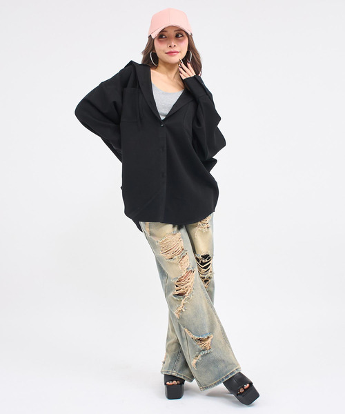 ANAP（アナップ）の「フード付 ビッグシルエット シャツ（シャツ/ブラウス・レディース・ブラック×ホワイト/ブラック・F）」の19枚目の写真