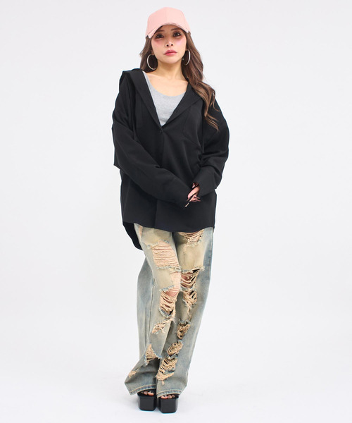 ANAP（アナップ）の「フード付 ビッグシルエット シャツ（シャツ/ブラウス・レディース・ブラック×ホワイト/ブラック・F）」の20枚目の写真