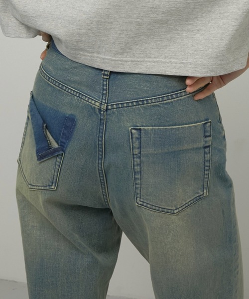 LA PEAU DE GEM】high waist straight denim pants sand beige/ハイ