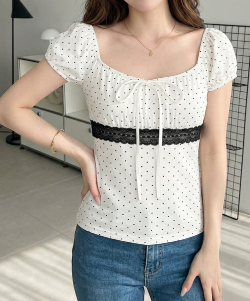 VIVID LADY(ビビッドレディー)の「ドットレースリボンパフスリーブトップス(Tシャツ/カットソー・レディース・グレー/ホワイト/ブラック・FREE)」の5枚目の写真