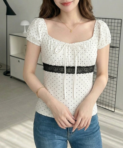 VIVID LADY(ビビッドレディー)の「ドットレースリボンパフスリーブトップス(Tシャツ/カットソー・レディース・グレー/ホワイト/ブラック・FREE)」の7枚目の写真