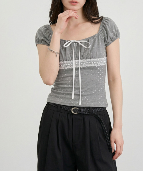VIVID LADY(ビビッドレディー)の「ドットレースリボンパフスリーブトップス(Tシャツ/カットソー・レディース・グレー/ホワイト/ブラック・FREE)」の10枚目の写真