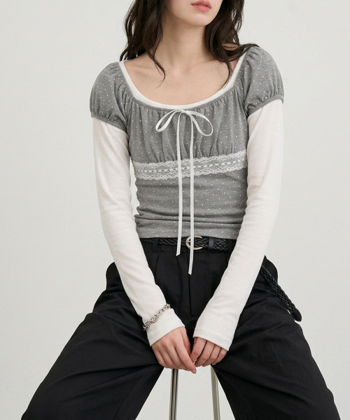 VIVID LADY(ビビッドレディー)の「ドットレースリボンパフスリーブトップス(Tシャツ/カットソー・レディース・グレー/ホワイト/ブラック・FREE)」の12枚目の写真