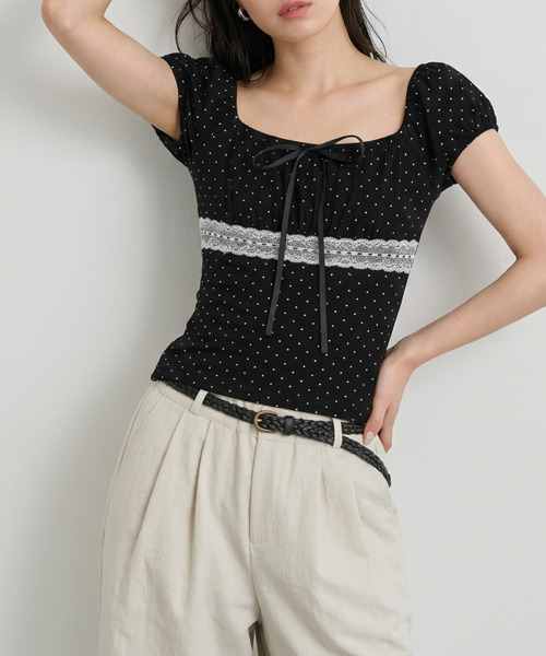 VIVID LADY(ビビッドレディー)の「ドットレースリボンパフスリーブトップス(Tシャツ/カットソー・レディース・グレー/ホワイト/ブラック・FREE)」の16枚目の写真