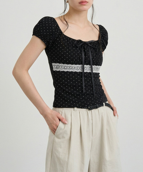 VIVID LADY(ビビッドレディー)の「ドットレースリボンパフスリーブトップス(Tシャツ/カットソー・レディース・グレー/ホワイト/ブラック・FREE)」の21枚目の写真