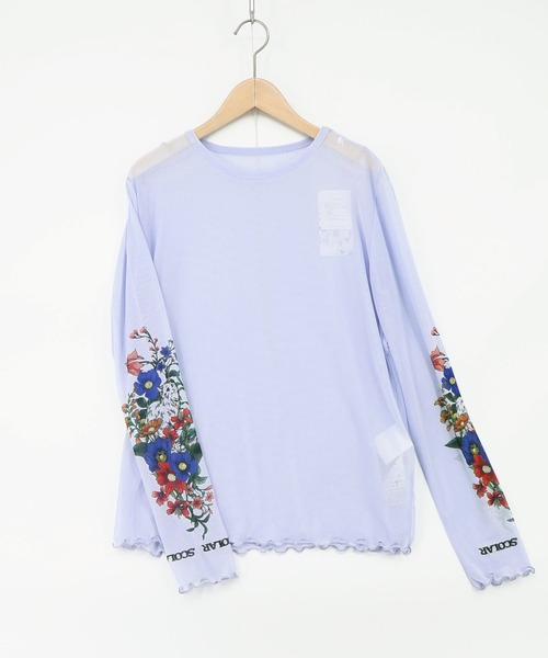 ScoLar(スカラー)の「162608:花ネコプリント袖チュールインナー(Tシャツ/カットソー・レディース・ピンク/グリーン/グレー/ブラック・M)」の1枚目の写真