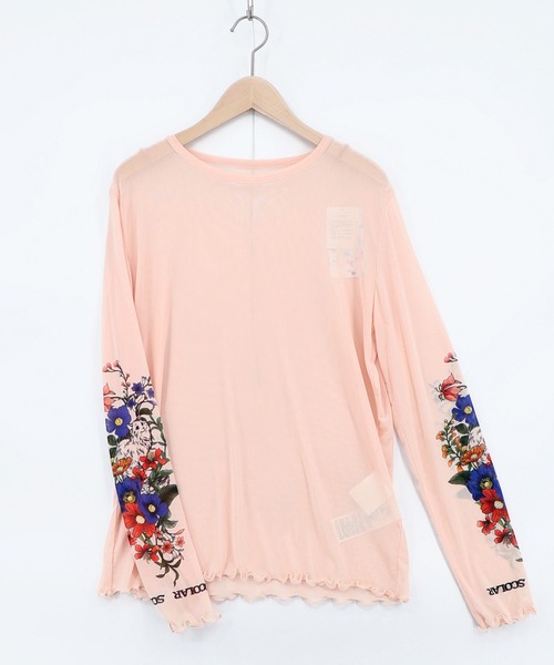 ScoLar(スカラー)の「162608:花ネコプリント袖チュールインナー(Tシャツ/カットソー・レディース・ピンク/グリーン/グレー/ブラック・M)」の4枚目の写真