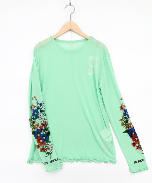 ScoLar(スカラー)の「162608:花ネコプリント袖チュールインナー(Tシャツ/カットソー・レディース・ピンク/グリーン/グレー/ブラック・M)」の3枚目の写真