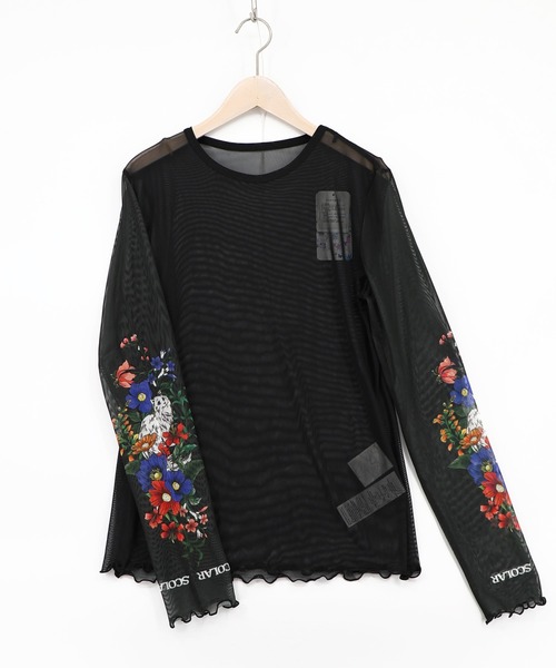 ScoLar(スカラー)の「162608:花ネコプリント袖チュールインナー(Tシャツ/カットソー・レディース・ピンク/グリーン/グレー/ブラック・M)」の2枚目の写真