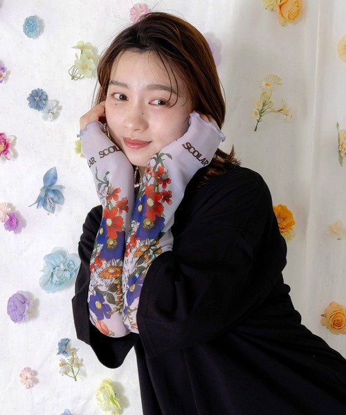 ScoLar(スカラー)の「162608:花ネコプリント袖チュールインナー(Tシャツ/カットソー・レディース・ピンク/グリーン/グレー/ブラック・M)」の5枚目の写真