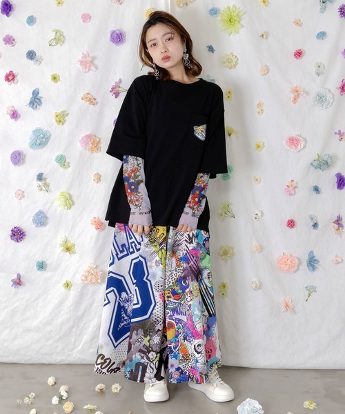 ScoLar(スカラー)の「162608:花ネコプリント袖チュールインナー(Tシャツ/カットソー・レディース・ピンク/グリーン/グレー/ブラック・M)」の7枚目の写真