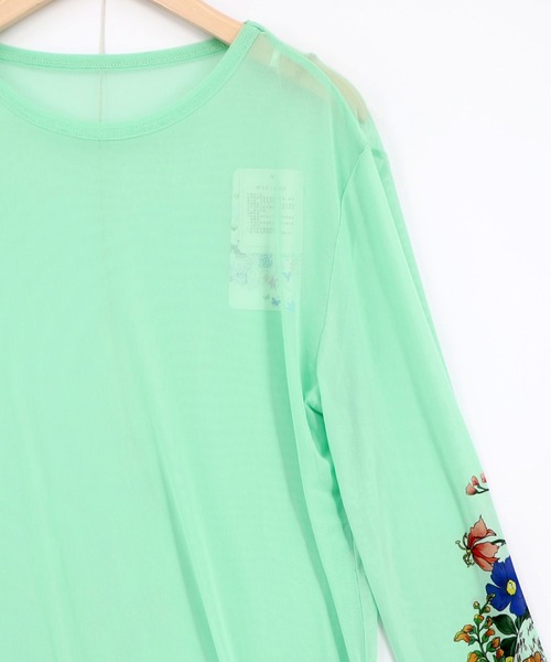 ScoLar(スカラー)の「162608:花ネコプリント袖チュールインナー(Tシャツ/カットソー・レディース・ピンク/グリーン/グレー/ブラック・M)」の13枚目の写真