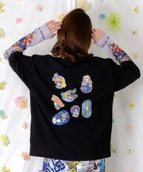 ScoLar(スカラー)の「162608:花ネコプリント袖チュールインナー(Tシャツ/カットソー・レディース・ピンク/グリーン/グレー/ブラック・M)」の16枚目の写真