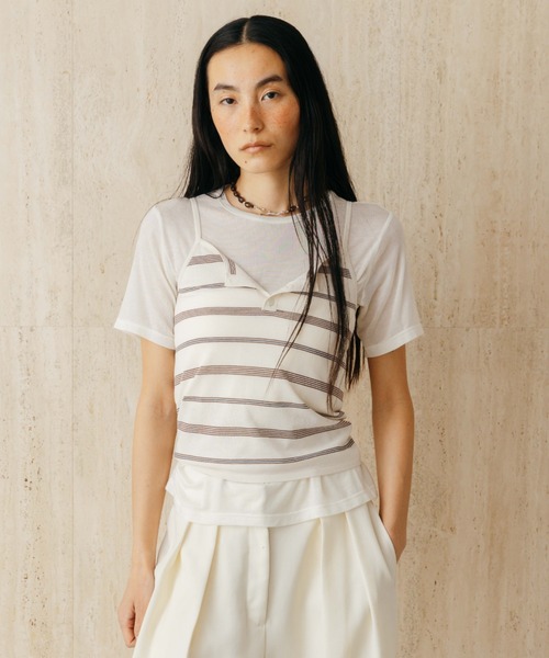 CREDONA(クレドナ)の「MULCH BORDER KNIT CAMISOLE/マルチボーダーニットキャミソール(キャミソール・レディース・アイボリー/グレー/ブラウン/レッド・FREE)」の3枚目の写真