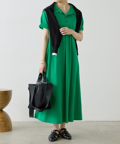 ear PAPILLONNER(イアパピヨネ)の「開襟シャツライクワンピース【SUM1 STYLE】(ワンピース・レディース・グリーン/ブラック・FREE)」の2枚目の写真