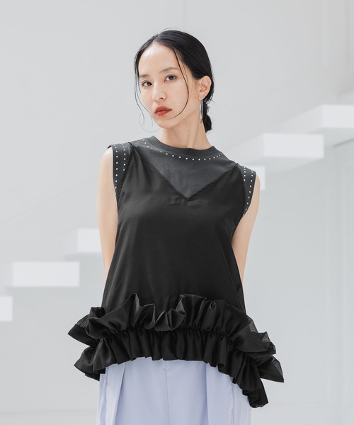 HEREIAM（ヘレイアム）の「【HEREIAM】嬉しい着丈調整機能付き/ドロストフリルキャミ（キャミソール・レディース・ブラック/オフホワイト/ホワイト・FREE）」の3枚目の写真