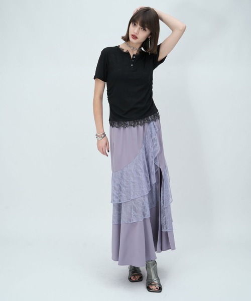HARE（ハレ）の「レースドッキングヘンリーVネックカットソー(HARE)（Tシャツ/カットソー・レディース・グレイッシュベージュ/ブラック・FREE）」の19枚目の写真