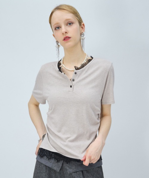 HARE（ハレ）の「レースドッキングヘンリーVネックカットソー(HARE)（Tシャツ/カットソー・レディース・グレイッシュベージュ/ブラック・FREE）」の15枚目の写真
