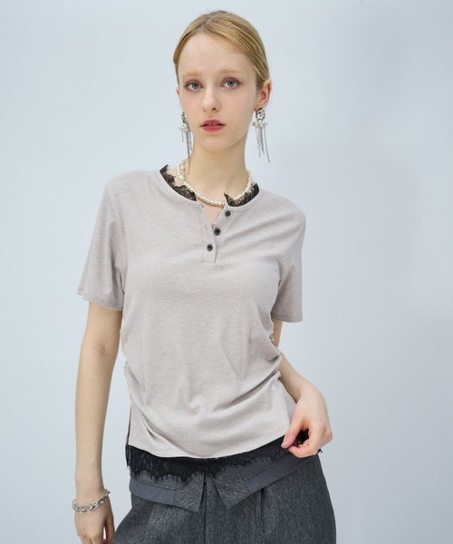 HARE（ハレ）の「レースドッキングヘンリーVネックカットソー(HARE)（Tシャツ/カットソー・レディース・グレイッシュベージュ/ブラック・FREE）」の16枚目の写真