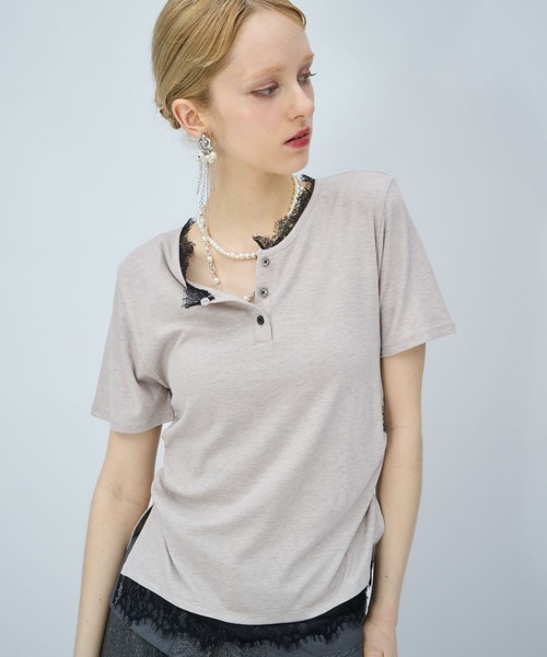 HARE（ハレ）の「レースドッキングヘンリーVネックカットソー(HARE)（Tシャツ/カットソー・レディース・グレイッシュベージュ/ブラック・FREE）」の17枚目の写真