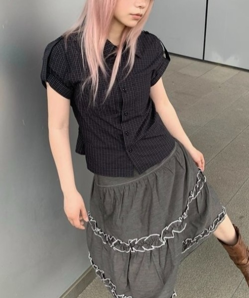 LADY LIKE(レディライク)の「2WAYスリーブミニチェック半袖シャツ(シャツ/ブラウス・レディース・チャコールグレー・M)」の9枚目の写真