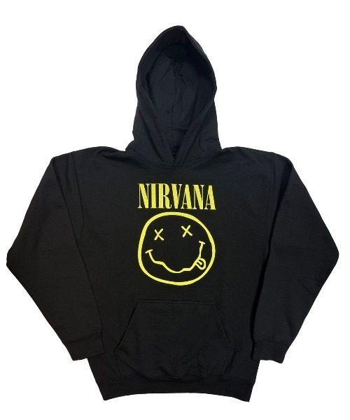NIRVANA(ニルヴァーナ)の「NIRVANA / ニルヴァーナ PULL OVER HOODIE YELLOW HAPPY FACE ロゴ プルオーバー パーカー ストリート メンズ 2026年秋冬 秋服(パーカー・メンズ・ブラック・M/L/XL)」の1枚目の写真