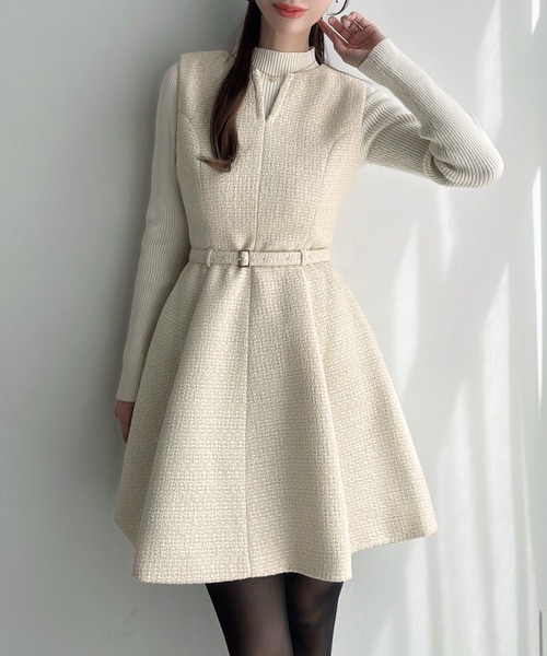 Meiru(メイル)の「ツイードフレアミニワンピース(ワンピース・レディース・アイボリー/ブラック・SMALL/LARGE/MEDIUM)」の2枚目の写真