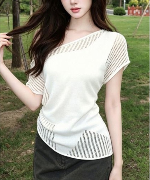 AsheKsha(アシクシャ)の「ワンショルダー透かし編み半袖ニット(Tシャツ/カットソー・レディース・ホワイト・M)」の6枚目の写真
