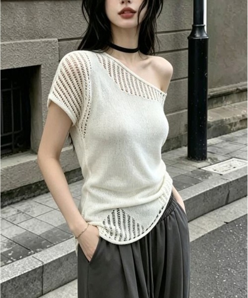 AsheKsha(アシクシャ)の「ワンショルダー透かし編み半袖ニット(Tシャツ/カットソー・レディース・ホワイト・M)」の10枚目の写真