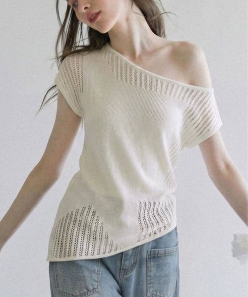 AsheKsha(アシクシャ)の「ワンショルダー透かし編み半袖ニット(Tシャツ/カットソー・レディース・ホワイト・M)」の12枚目の写真