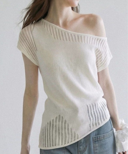 AsheKsha(アシクシャ)の「ワンショルダー透かし編み半袖ニット(Tシャツ/カットソー・レディース・ホワイト・M)」の13枚目の写真